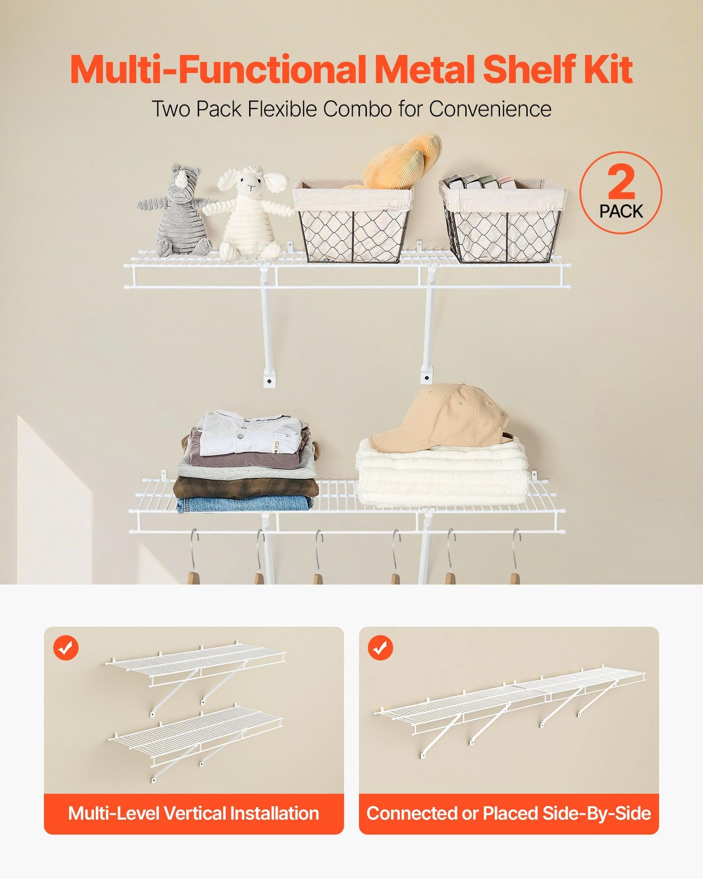 VEVOR Wire Shelf Kit, 3 ft, Set of 2, Wall Mounted Wire Shelves, Heavy-Duty Carbon Steel Hanging