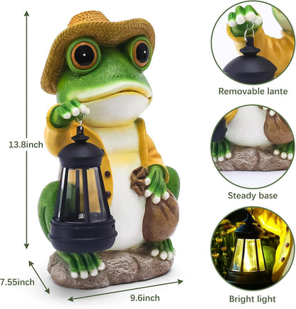 Large Frog Garden Statue, 13.3 Inches Tall, Resin Frog Decor with Solar Lantern for Outdoor Decoration and Housewarming