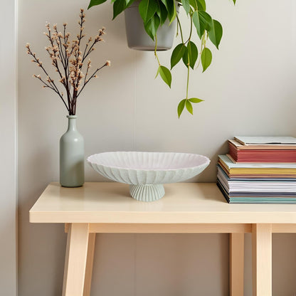 14.5" Large Decorative Long Bowl decor - Fluted Scalloped Decorative Bowls for Home Decor - Ruffle Decor,Stylish Key Bowl for Entry Table,Decorative Fruit Bowls for Kitchen Counter,Light Gray