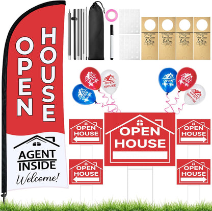 44 Pcs Open House Signs for Real Estate Agent Supplies, Double Sided Open House Flag with Poles Kit, 7.6 x 5.4 Ft Red Opening Sign Banner Set, 5 Pack Yard Signs with Metal Stakes 30 Balloons