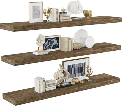 BAMEOS Floating Shelves, Wall Mounted Wooden Shelves with Invisible Brackets Set of 3, Hanging Wall Shelves Decoration for Bedroom, Bathroom, Living Room and Kitchen