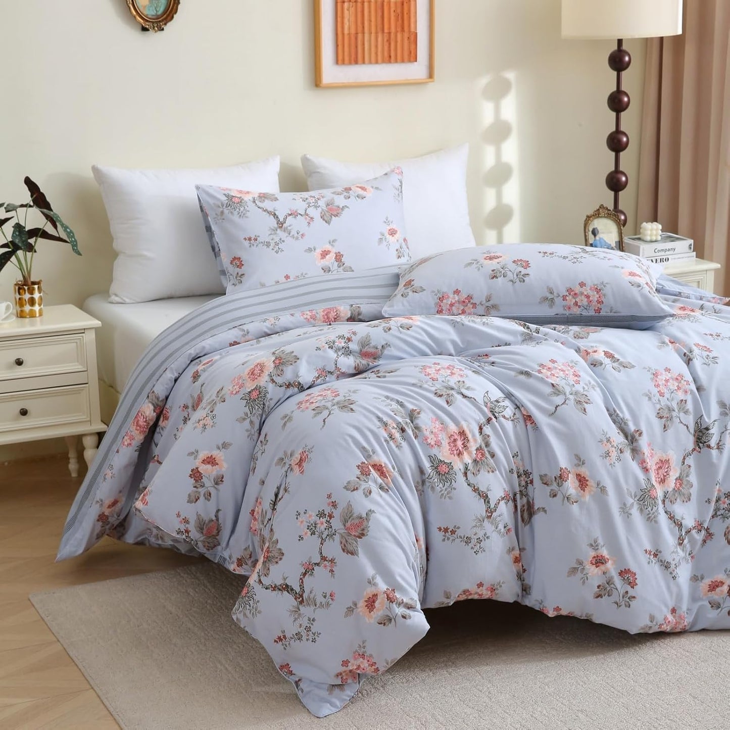 ABREEZE Floral Duvet Cover Queen Size Set Bird Flowers Bedding Set 100% Brushed Cotton Bedding Collection 1 Duvet Cover with 2 Pillowcases Grey