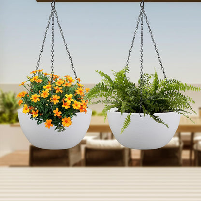 8 inch Small Hanging Planters for Indoor Outdoor Plants, 2 Pack Hanging Flower Pots with Drainage Holes and Chain for Garden Porch Plants, Plastic Hanging Baskets for House Plants, White