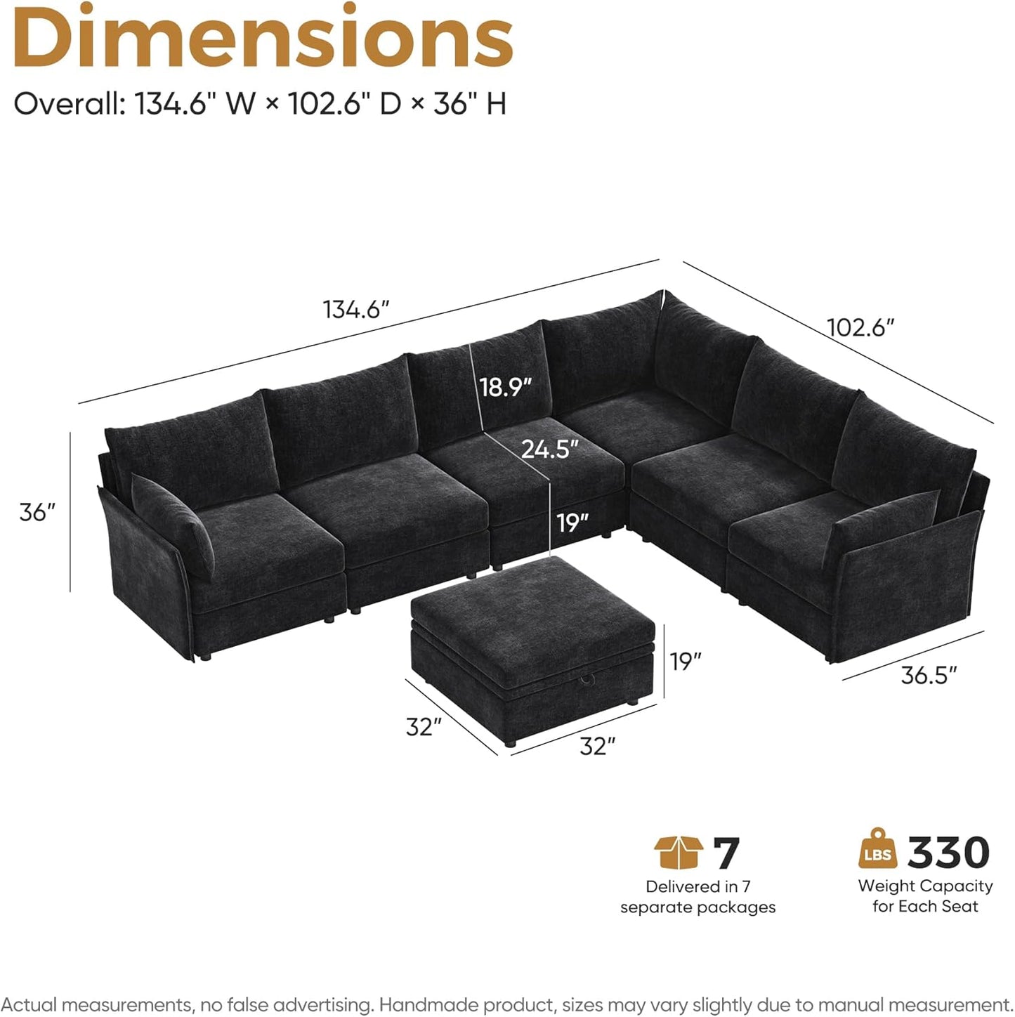 136.4" Oversized Modular Sectional Sofa, L Shaped Convertible Couch with Movable Ottoman, Large 7 Seat Corner Couches for Living Room Deep Seat Black Chenille