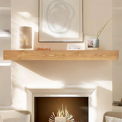 72x8x3 Fireplace Mantel - Handcrafted Hollow Rustic Solid Wood Wall Mounted Floating Shelf with Invisible Heavy Duty Wood Bracket (Natural Wood)