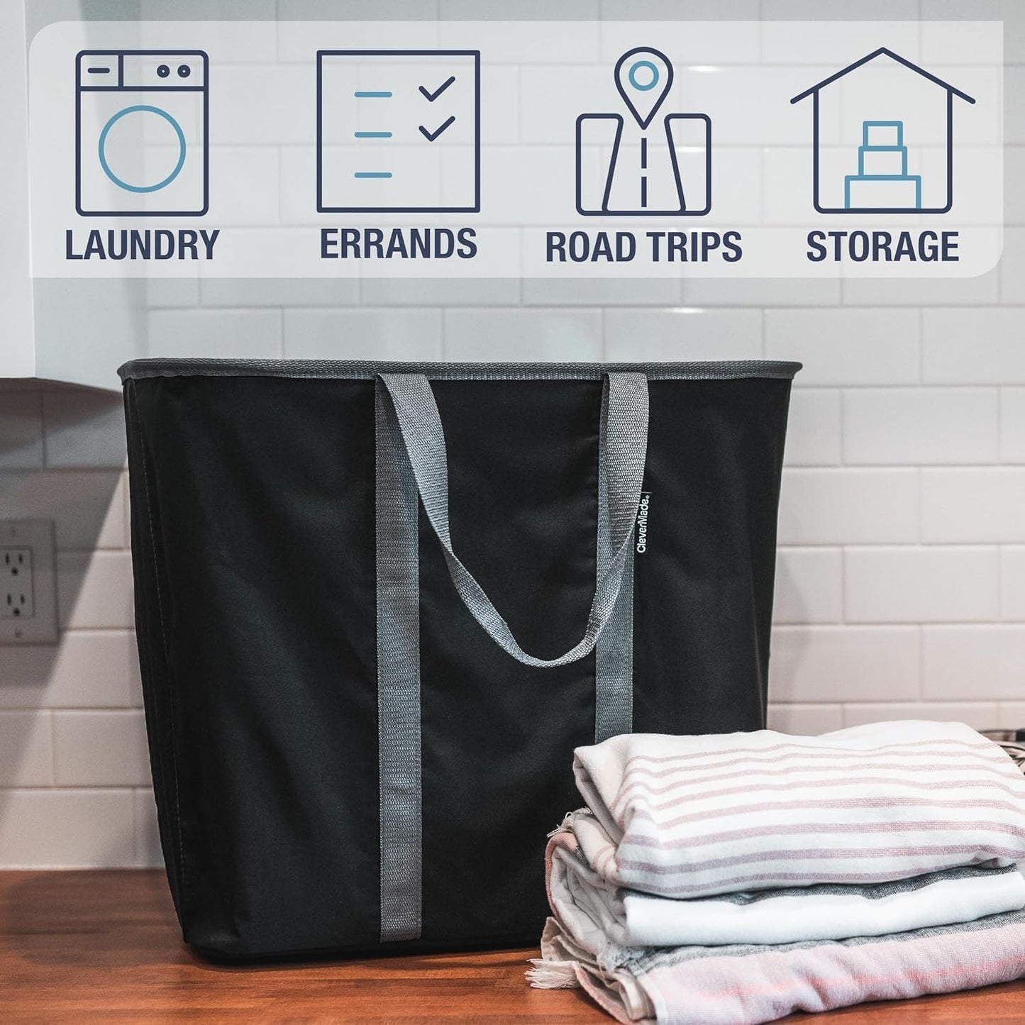 CleverMade Collapsible Laundry Caddy, 64L Pop-Up Hamper, 2 Pack, Charcoal