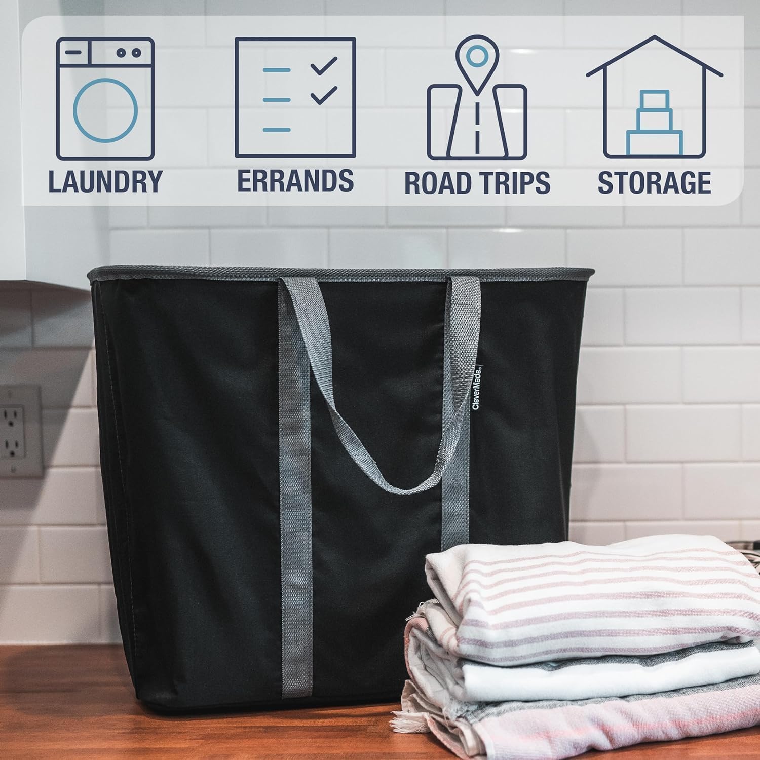 CleverMade Collapsible Laundry Caddy, 64L Pop-Up Hamper, 2 Pack, Charcoal