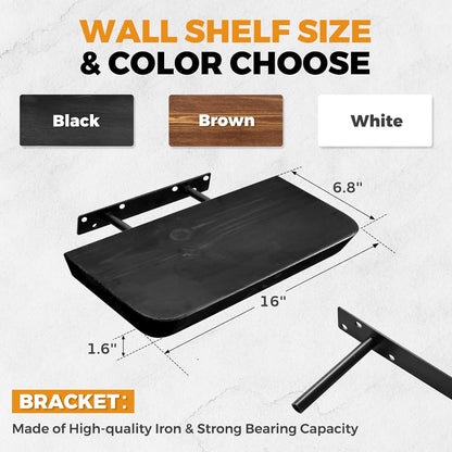 16"x6.8"x1.6" Slanted Floating Wall Shelves 2-Pack - Rustic Black Finish, Heavy-Duty Solid Wood Design with Hidden Brackets - Perfect for Living Room, Kitchen, Bathroom, or Office