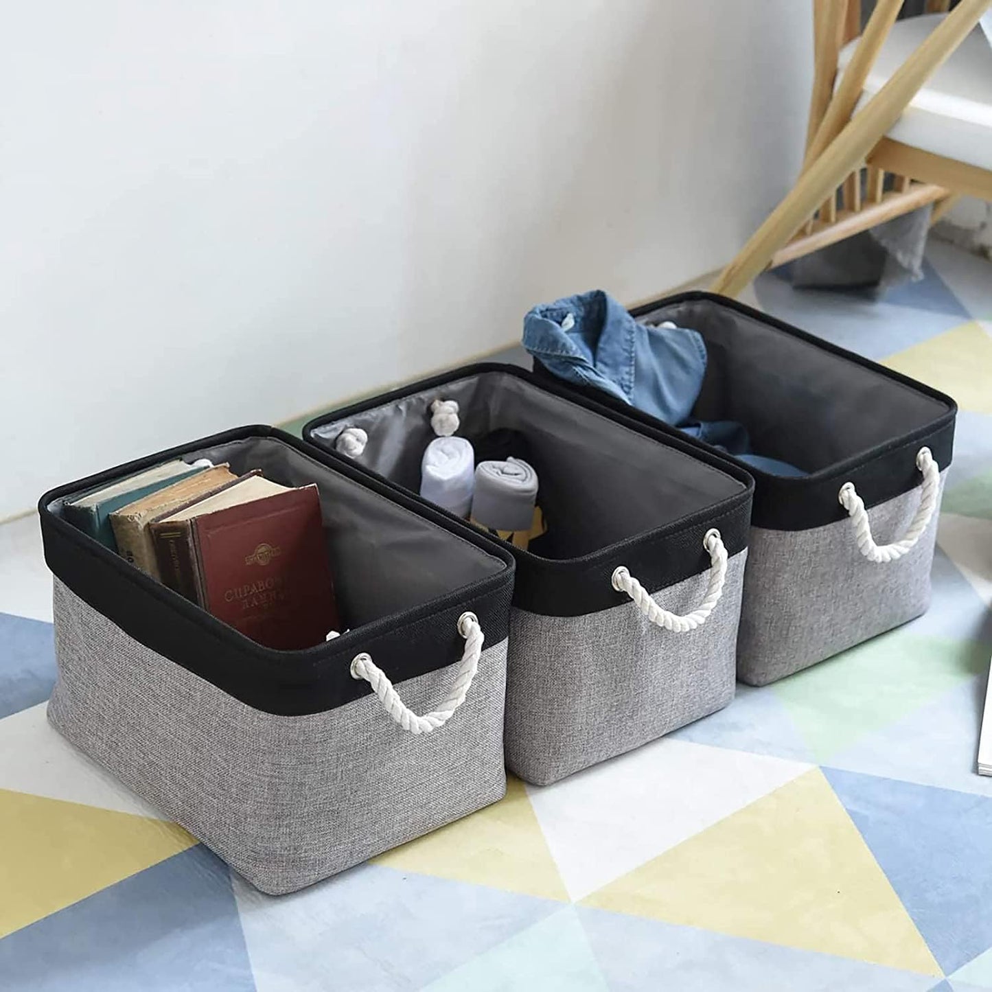 TheWarmHome Storage Basket for Organizing- 16x12x8 inch 1 Pack Fabric Storage Cubes, Bins for Organization for Shelves Organizer Gift Laundry Cloth Toy (Grey & Black)