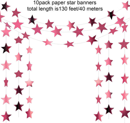 Patelai Glitter Star Garland Banner Decor 130 Feet Star Hanging Bunting Banner Twinkle Backdrop for Homecoming Classroom Wedding Birthday Halloween Christmas Party Supplies(Rose Pink)