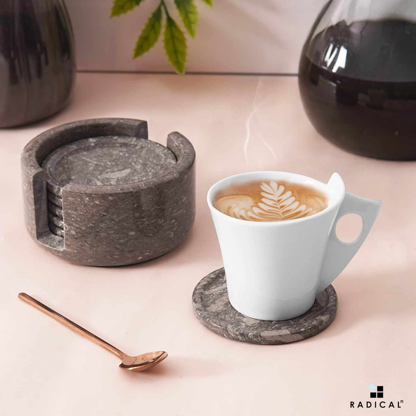 Marble Coasters Set of 6 Oceanic 3.5 Inch Round Coaster for Drinks with Holder, Drink Coaster for Tabletop & Coffee Table Decor, Ideal Home Decor House Warming Gifts