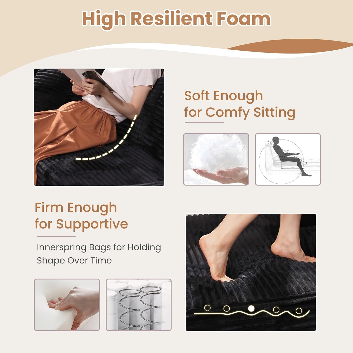 HOOOWOOO Cloud Sectional Couches for Living Room,Modular Sectional Sofa No Assembly,133X70 Inch Plush Corduroy Large U Shaped Floor Couch Set with Deep Seat Chaise Ottoman(Black)