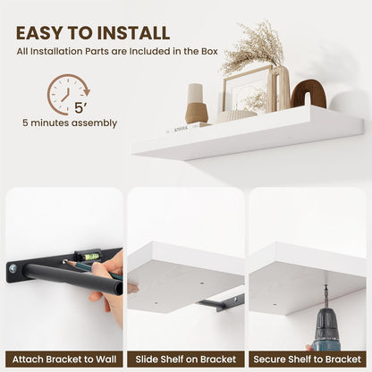 Fun Memories Floating Shelves for Wall, 32 Inch Long Floating Shelves Set of 2, 32 x 10 Wooden Shelves for Wall, Large Storage Shelves, Hanging Shelves for Bathroom Kitchen Bedroom, White