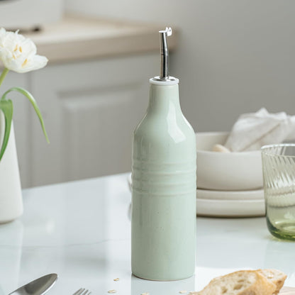 famiware Jupiter 16oz Ceramic Olive Oil Dispenser Bottle, Olive Oil and Vinegar Dispenser Bottle Set of 2 with Stainless Steel Pourers, Suitable for Storage Vinegar, Liquids, Light Pink & Light Green
