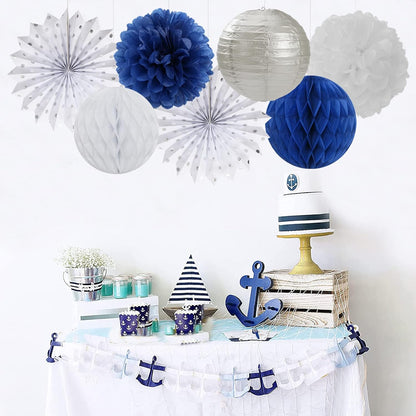 Navy-Blue White Silver Party Decorations - 14pcs Kits Paper Lanterns Fan,Tissue Flower Pom Poms Streamers,Honeycomb Balls,Graduation 2025 Men Birthday Wedding Baby Bridal Shower Decor Lasting Surprise