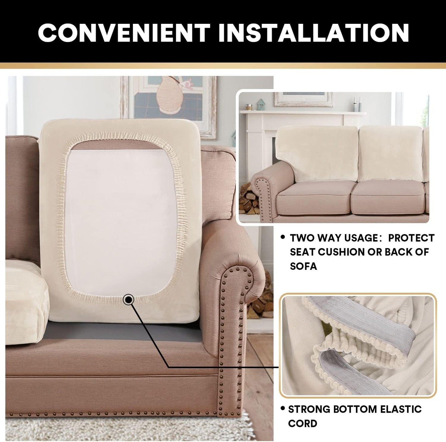 PrinceDeco Stretch Sofa Cushion Covers for Couches and Sofas,Soft Velvet Couch Seat Covers, Sofa Covers Washable, Seat Cushion Cover for 3 Couch Sofa Pet Friendly - Ivory, Each Width Up to 29.5"