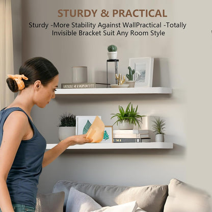 Solid Wood Floating Shelves Set of 2 - Natural, Warp & Crack Resistant 35.43 Inch Wall Shelf with Invisible Brackets Thicker, More Durable for Bathroom, Bedroom, Kitchen, Living Room (White, 35.43)