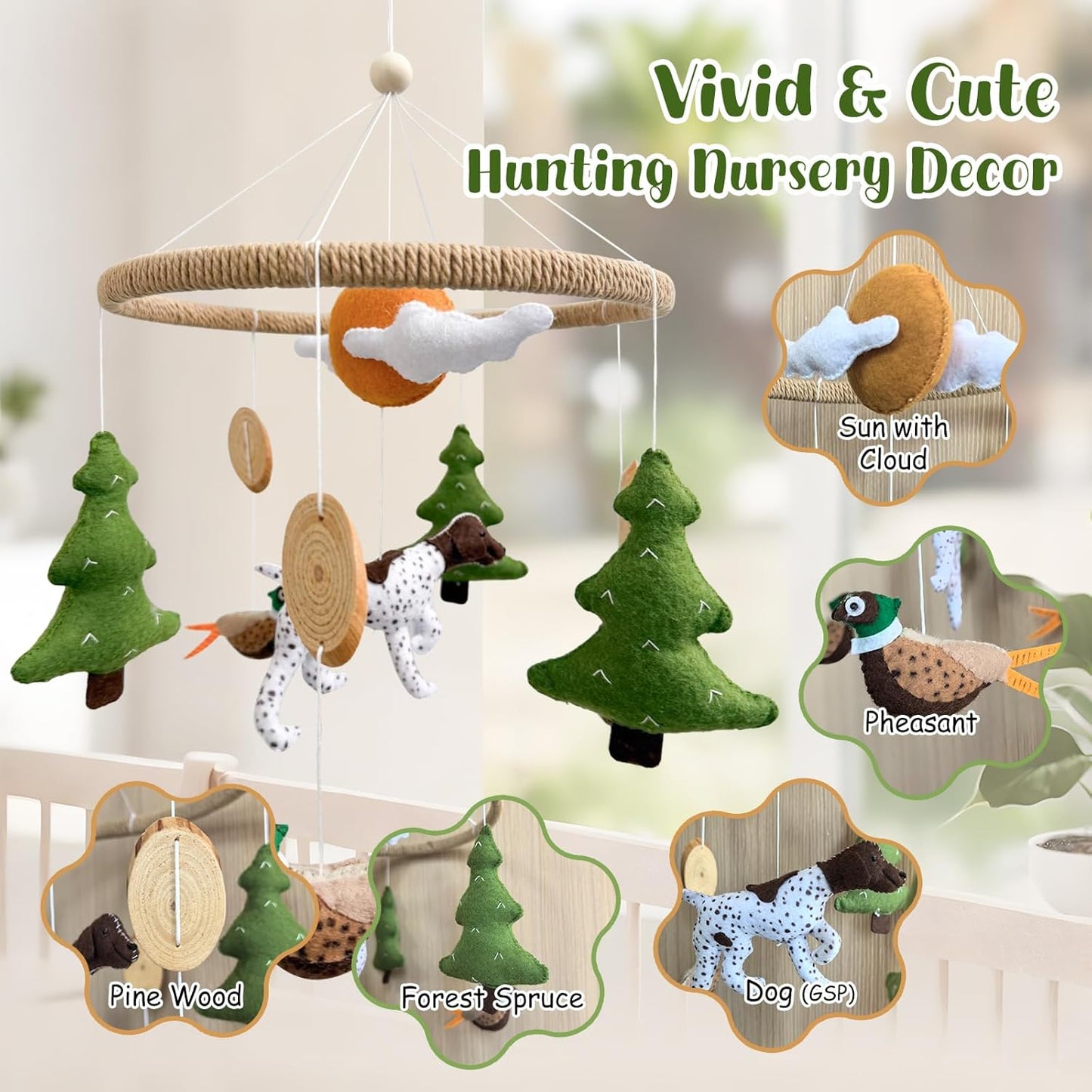 Baby Mobile for Crib Hunting Baby Crib Mobile for Boys Girls Handmade Felt Woodland Nursery Decor Infant Bedroom Hanging Pheasant Dog Hunting Decor for Bassinet Gender Reveal Newborn Gifts