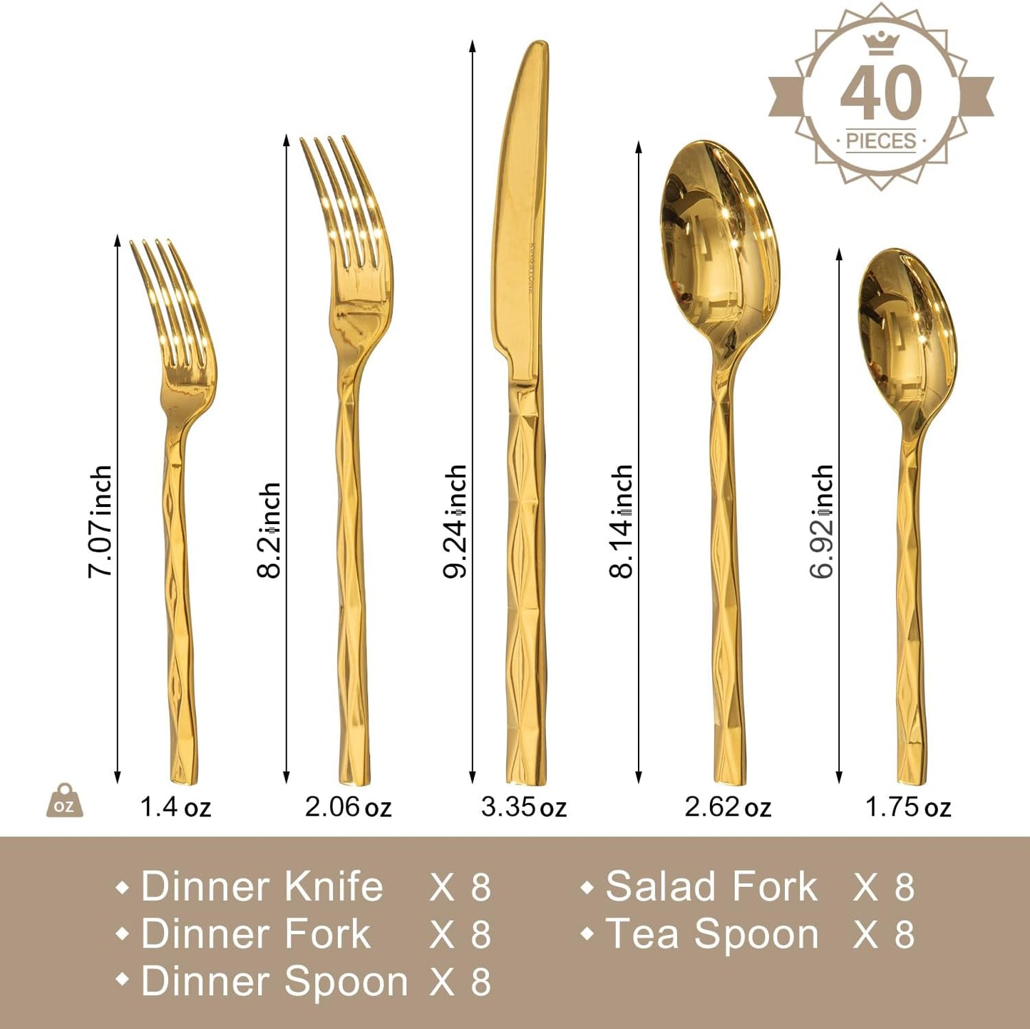 KINGSTONE Gold Silverware Set, Luxury 40 Piece Flatware Set for 8, 18/10 Stainless Steel Cutlery Set with Diamond Cut Pattern for Kitchen, Home, Wedding, Party, Mirror Polished and Dishwasher Safe