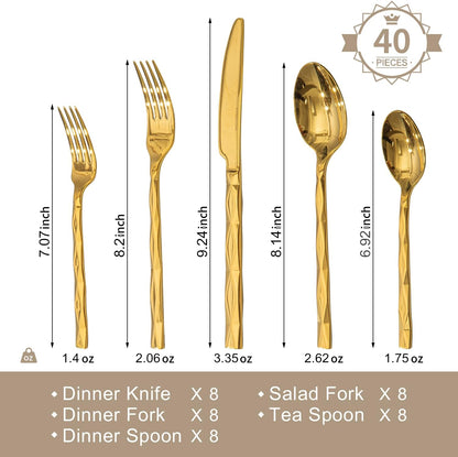 KINGSTONE Gold Silverware Set, Luxury 40 Piece Flatware Set for 8, 18/10 Stainless Steel Cutlery Set with Diamond Cut Pattern for Kitchen, Home, Wedding, Party, Mirror Polished and Dishwasher Safe