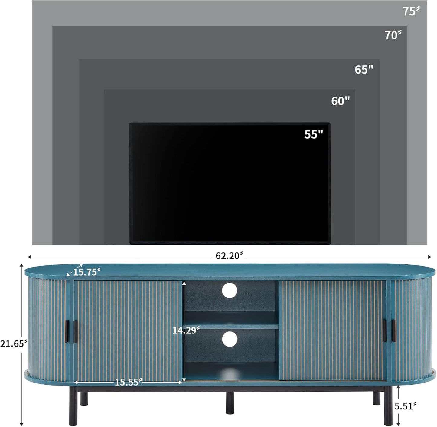 62" Tambour Door TV Stand,Wood Mid Century Modern TV Cabinet for Up to 75“ TV,Curved Edge Long TV Stand with Storage for Bedroom Living Room(62.2inch,Blue)