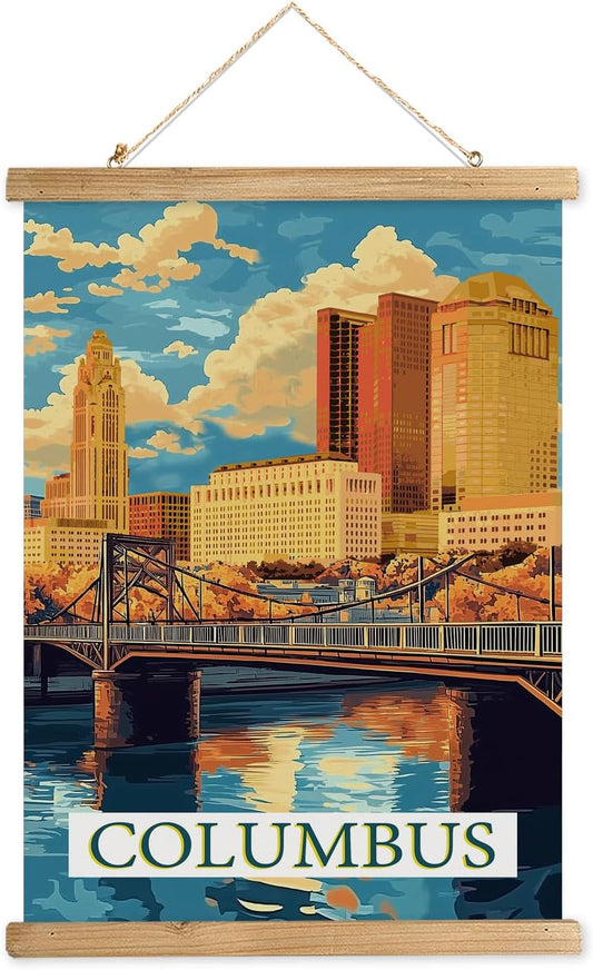 WREVERW Vintage Columbus Poster Canvas Print with Wooden Hanger Frame, Featuring Scioto River Bridge and Iconic LeVeque Tower, Wall Art for Home and Office Decor, 16x23 inches