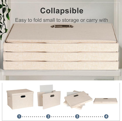 Large 17" 36 Quart Collapsible Stackable Storage Bins with Lids, 3 Packs Light Orange Linen Fabric Closet Boxes with Lids, Storage Cube Baskets Container Organizers for Office (17x12x11)