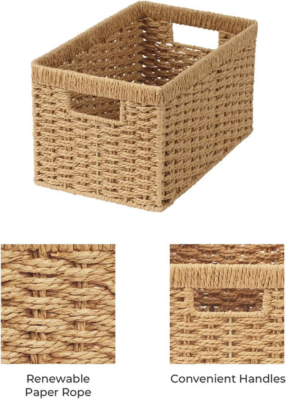 StorageWorks Round Paper Rope Storage Baskets, Rectangular Wicker Baskets with Built-in Handles, Medium, 13 ¼ x 8 ½ x 7 ¼ inches, 2-Pack