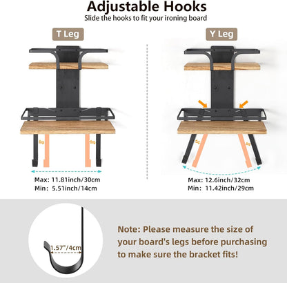 VINAEMO Ironing Board Hanger Wall Mount, 2-Layer Iron and Ironing Board Holder, Laundry Room Shelves Solid Wood with Removable Hooks Home Organization and Storage