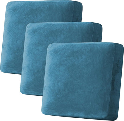 H.VERSAILTEX Velvet Stretch Couch Cushion Cover Plush Cushion Slipcover for Chair Loveseat Sofa Cushion Furniture Protector Seat Cushion Sofa Cover (3 Piece XL Sofa Cushion Covers, Peacock Blue)