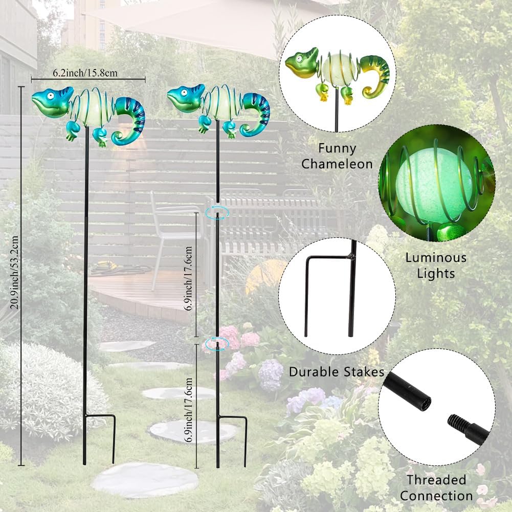 3 Pack Garden Stakes Decorative,Cute Chameleons Glow in The Dark Metal Garden Decor,Waterproof Metal Yard Art Decor for Outside,Funny Present for Mom Women Grandma