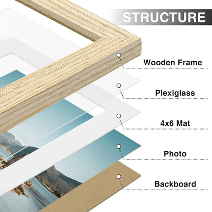 Vittanly 5x7 Picture Frames Set of 9, Shatter Resistant Plexiglass, Display 4x6 Pictures with Mat or 5x7 without Mat, Photo Frames for Wall or Tabletop, Engineered Wood, OAK