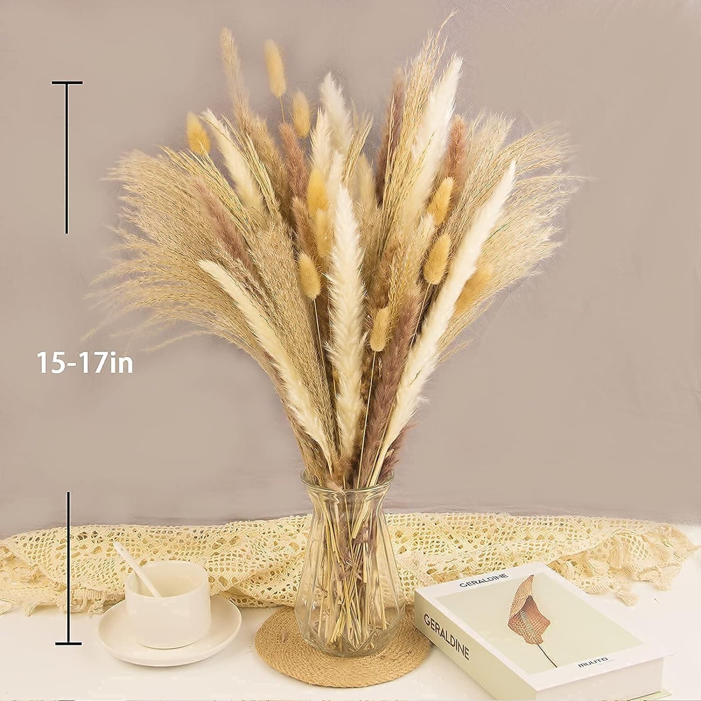 65PCS Pampas Grass Decor, Including pompas Floral, Reed Dried Grass and Bunny Tails Dried Flowers, Natural Dried Pampas Grass Bouquet for Boho Decor Wedding, Home Decoration
