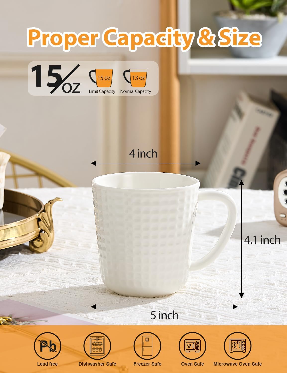 Ceramic Coffee Mugs 15 oz, Large Waffle Embossed Mug Set, Coffee Cups for Latte, Cappuccino, Cocoa, Hot Tea, Mocha, Milk, Housewarming Wedding Present, Microwave & Dishwasher Safe - Set of 6 (White)