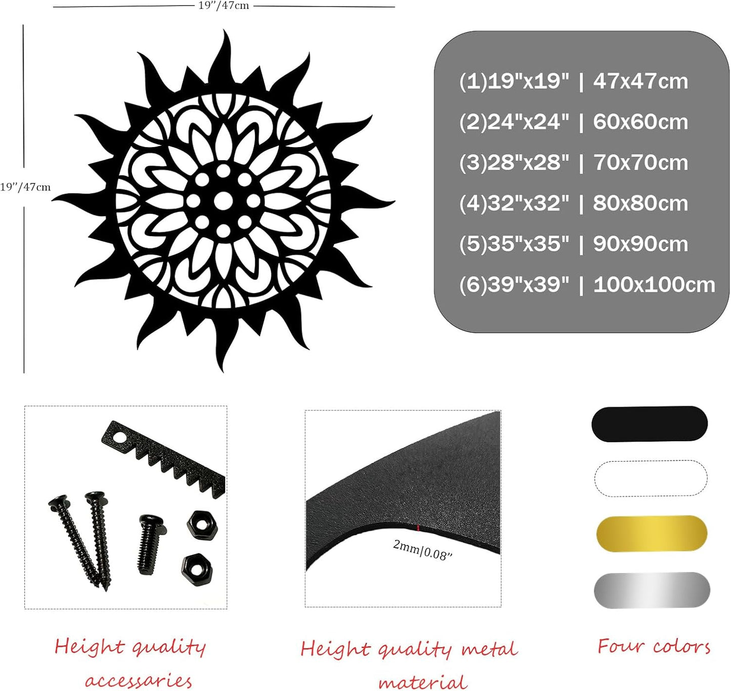 Sunburst Metal Wall Decor - Metal Sun Flower Wall Art, Outdoor Sun Wall Art, Sunburst Home Decor for Living Room & Patio (Silver, 24"x24"|60x60cm)