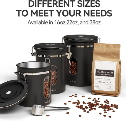 Coffee Canister Set 16 + 22 + 38 oz with Window, Airtight Stainless Steel Kitchen Food Storage Container with Date Tracker and Scoop for Grounds Coffee, Beans, Tea, Flour, Cereal, Sugar, Black