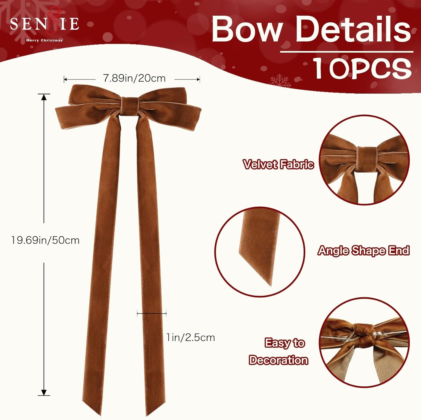 Senjie 10Pcs Large Velvet Christmas Tree Bows, 20in x 8in Premade Vintage Ribbon Tree Topper Bows Ornaments for Staircase Garland Wreath Holiday Home DIY Crafts Decorations, Light Brown