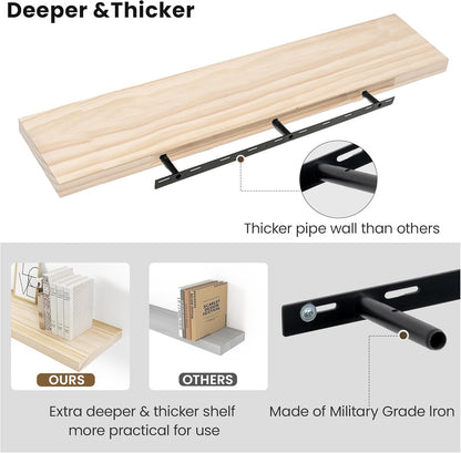 Light Wood Floating Shelves 48 Inch, 8 in Deep Single Book Shelf Floating for Wall Mounted, Heavy Duty Shelf Hold 100 lbs, Unfinished Wall Shelves for Bathroom, Living Room, Kitchen, Bedroom, Office