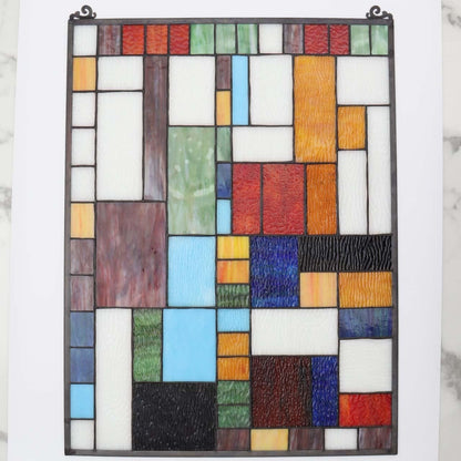 Bieye Geometric Color Block Tiffany Style Stained Glass Window Panel with Hanging Chain (18x25 inches W10092)