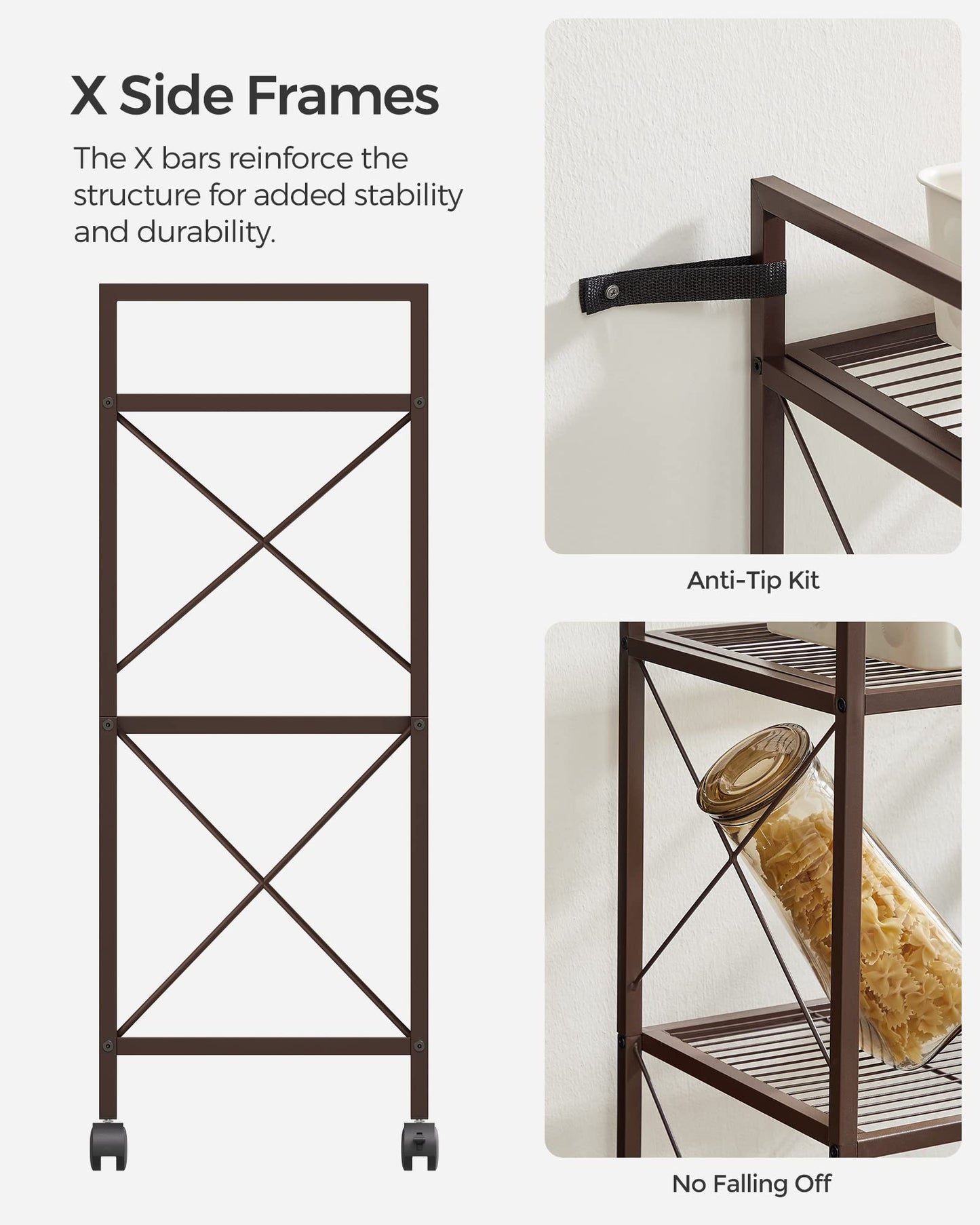 SONGMICS 3-Tier Metal Storage Rack with Wheels, Mesh Shelving Unit with X Side Frames, 23.6-Inch