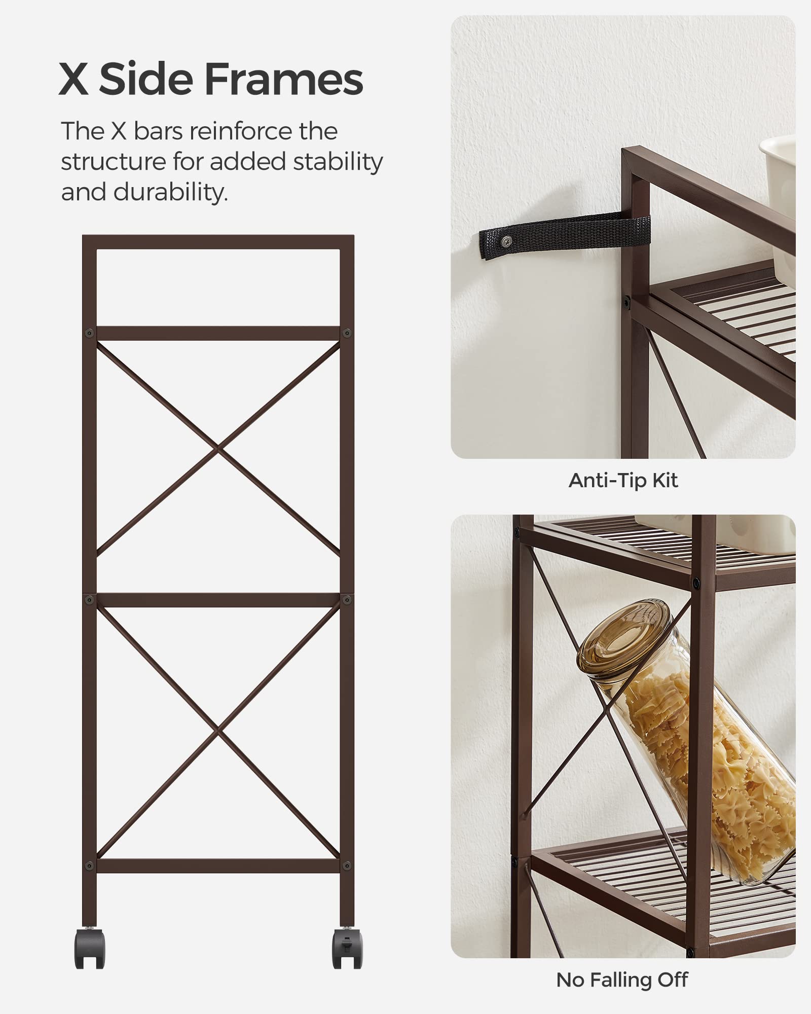 SONGMICS 3-Tier Metal Storage Rack with Wheels, Mesh Shelving Unit with X Side Frames, 23.6-Inch
