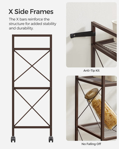 SONGMICS 3-Tier Metal Storage Rack with Wheels, Mesh Shelving Unit with X Side Frames, 23.6-Inch