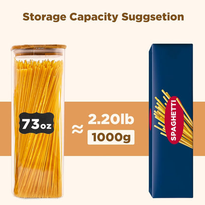 Glass Pasta Storage Jars Square 73oz, 3 Pack Glass Jars With Bamboo Lids, Tall Kitchen Storage Containers For Pasta, Storage For Pantry Organizers