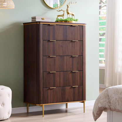 T4TREAM Fluted 5 Drawers Dresser for Bedroom, 48" Tall Modern Dresser Chest of Drawers, Gold Accents, Fluted Fronts, Wood Storage Dressers Organizer for Bedroom, Living Room, Dark Walnut