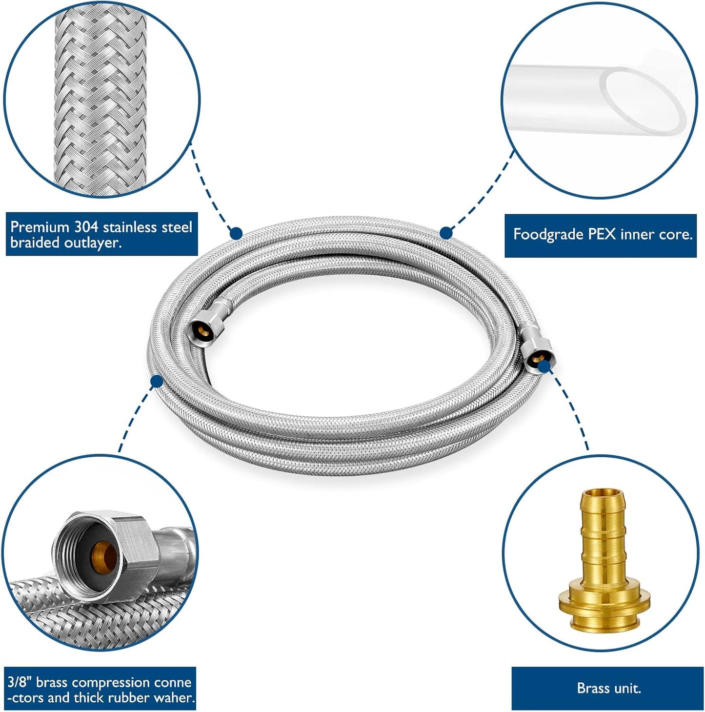 Dishwasher Installation Kit - 6 FT Stainless Steel Braided Dishwasher Hose kit,Food Grade PEX Inner Tube Water Line with 3/8"x 3/8"x 3/8" Tee Stop Valve,3/8"x 3/8"MIP Elbow,3/8"x 3/4"FHT Elbow