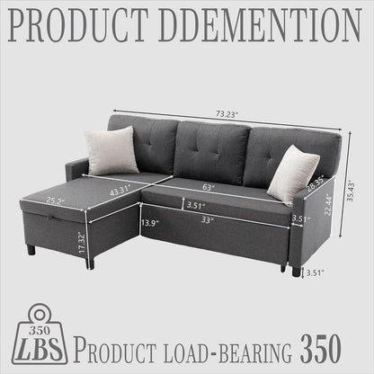 Pull Out Couch, Oversized Sleeper Sofa Couch, Sectional Sleeper Sofa Bed for Living Room Bedroom Lounge (Grey, 73 Inch)