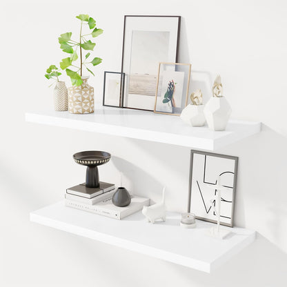 32" Floating Shelves for Wall, 12" Deep Slim White Floating Shelves, Wall-Mounted Shelves for Bedroom, Living Room, Kitchen, Bathroom - Set of 2