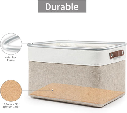 Storage Bins Large Fabric Storage Baskets for Shelves 3 Pack, Decorative Linen Closet Baskets with Handles for Organizing, Shelf, Clothes, Home, Office, 15x11x9.5Inches (Beige&White)