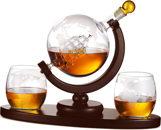 Whiskey Decanter Globe Set with 2 Etched Whiskey Glasses - for Liquor Scotch Bourbon Vodka, Gifts
