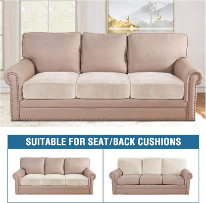 H.VERSAILTEX Velvet Stretch Couch Cushion Cover Plush Cushion Slipcover for Chair Loveseat Sofa Cushion Furniture Protector Seat Cushion Sofa Cover (3 Piece XL Sofa Cushion Covers, Ivory)